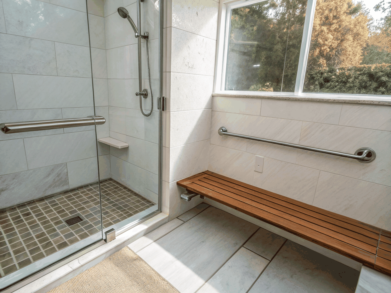 Accessible luxury shower with integrated teak bench and brushed brass grab bar