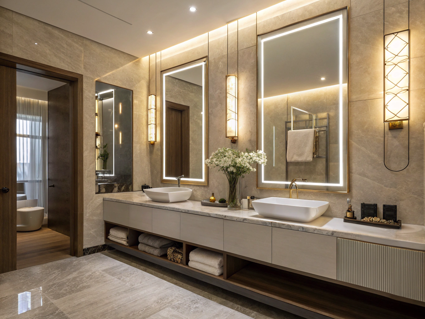 Layered bathroom lighting with warm brass sconces and anti-fog LED mirror