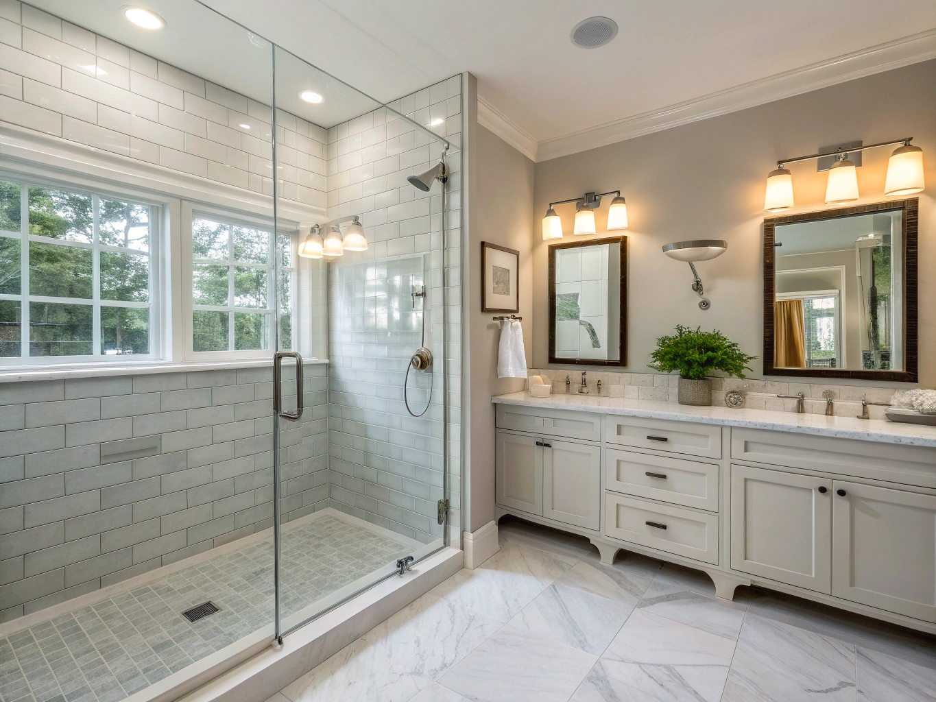 Calacatta marble walk-in shower with unlacquered brass fixtures and frameless glass