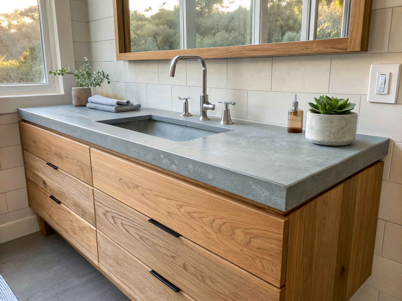 Custom rift-sawn white oak double vanity with brushed brass hardware