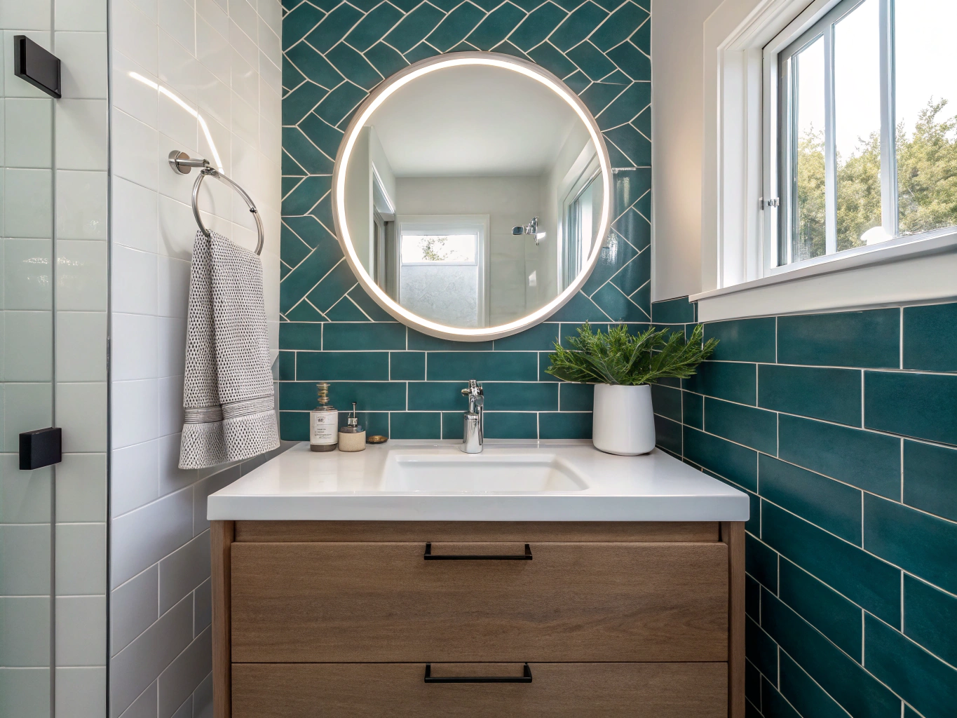 Contemporary powder room with deep juniper wainscoting and backlit architectural mirror