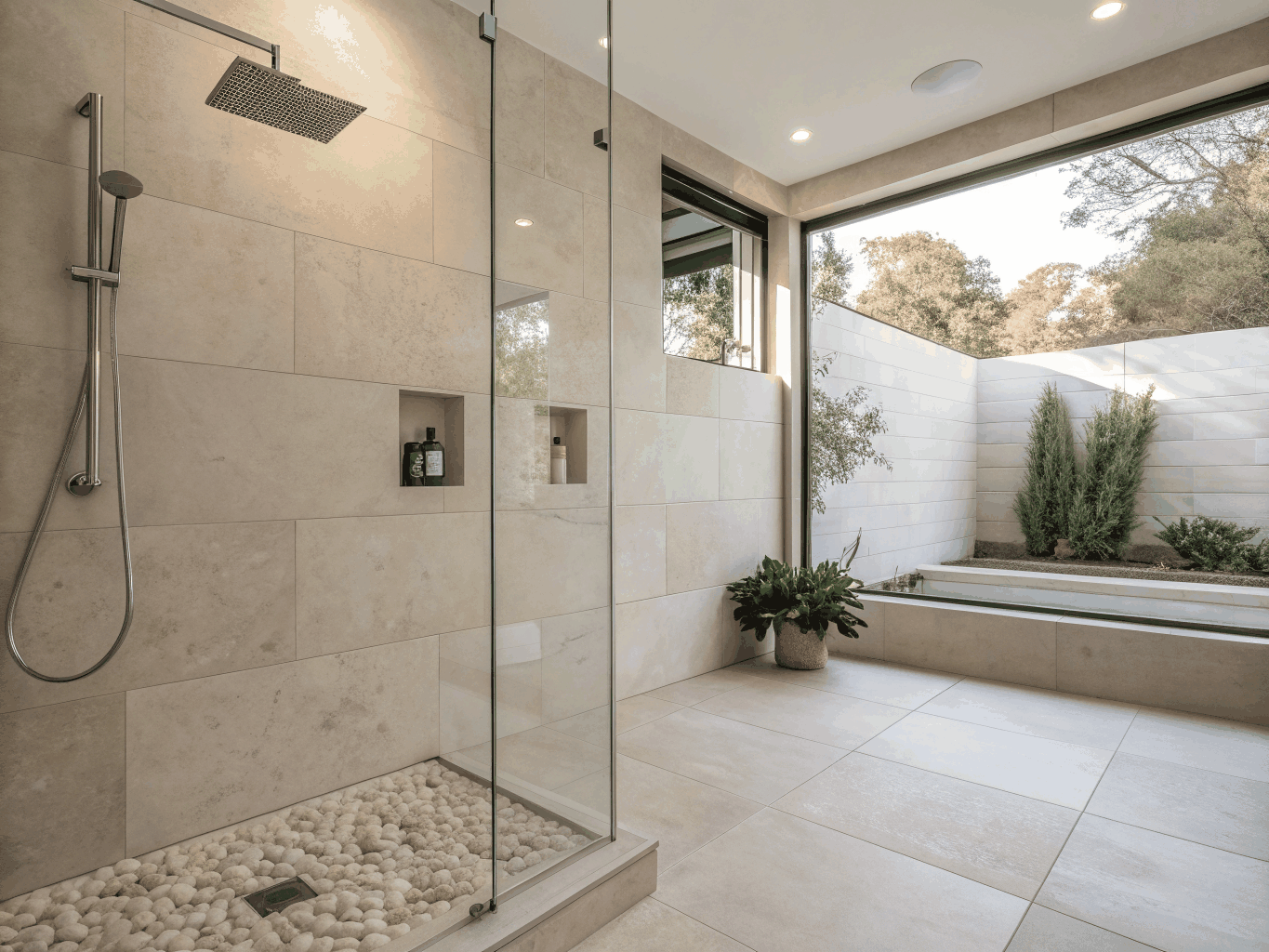 Curbless zero-entry shower with artisan zellige tile and integrated linear drain