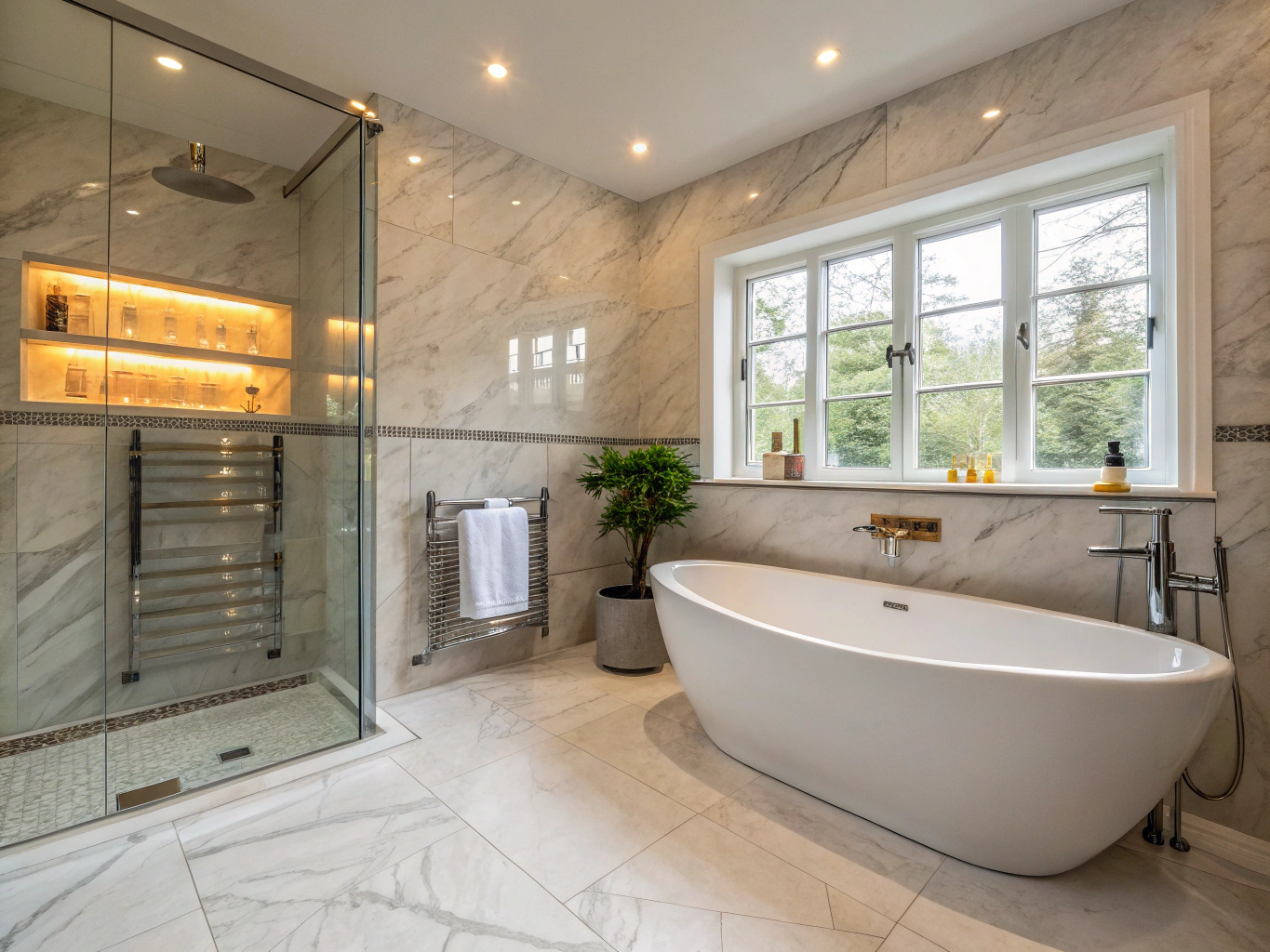 Precision tile mitering and heated porcelain bathroom floor in Acworth home