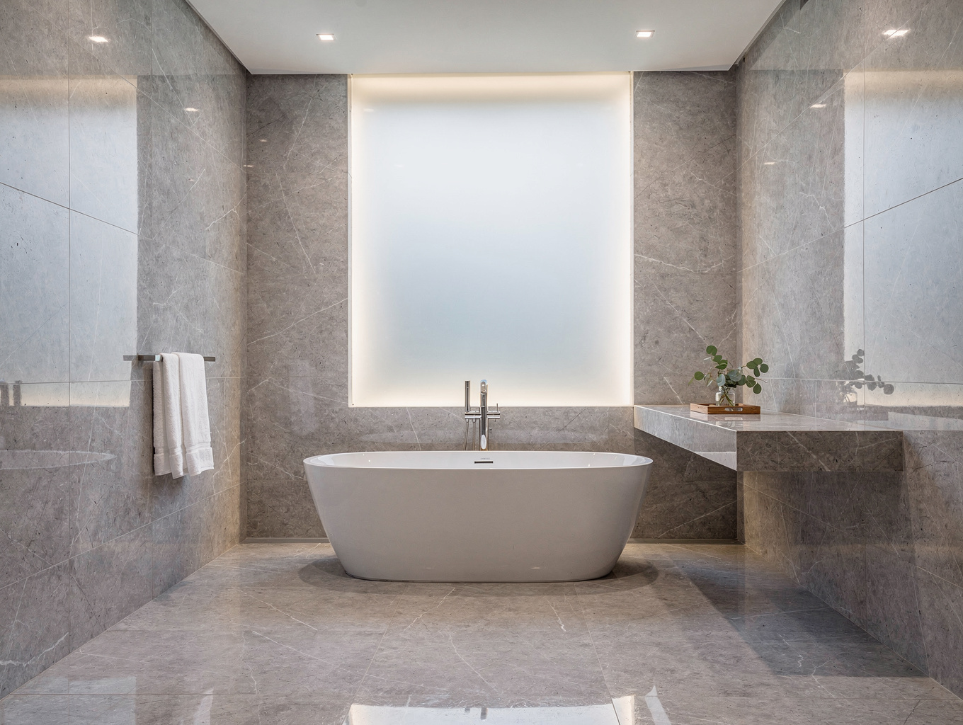 Spa-inspired master bathroom remodel with brass plumbing fixtures and marble tile