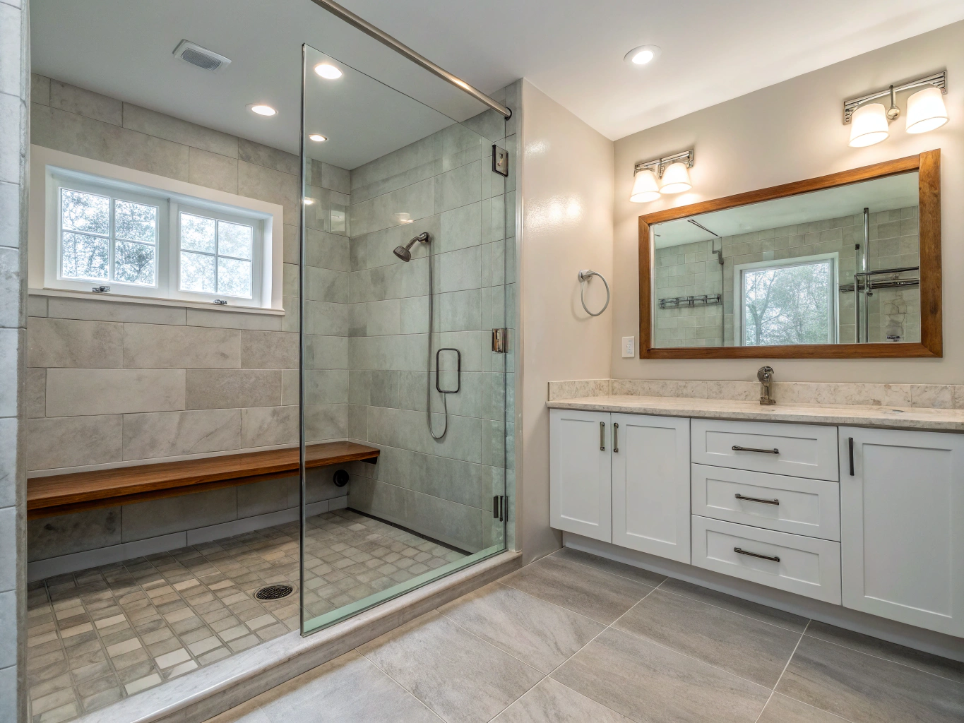 Curbless walk-in shower with heavy frameless glass and sculpted freestanding bathtub