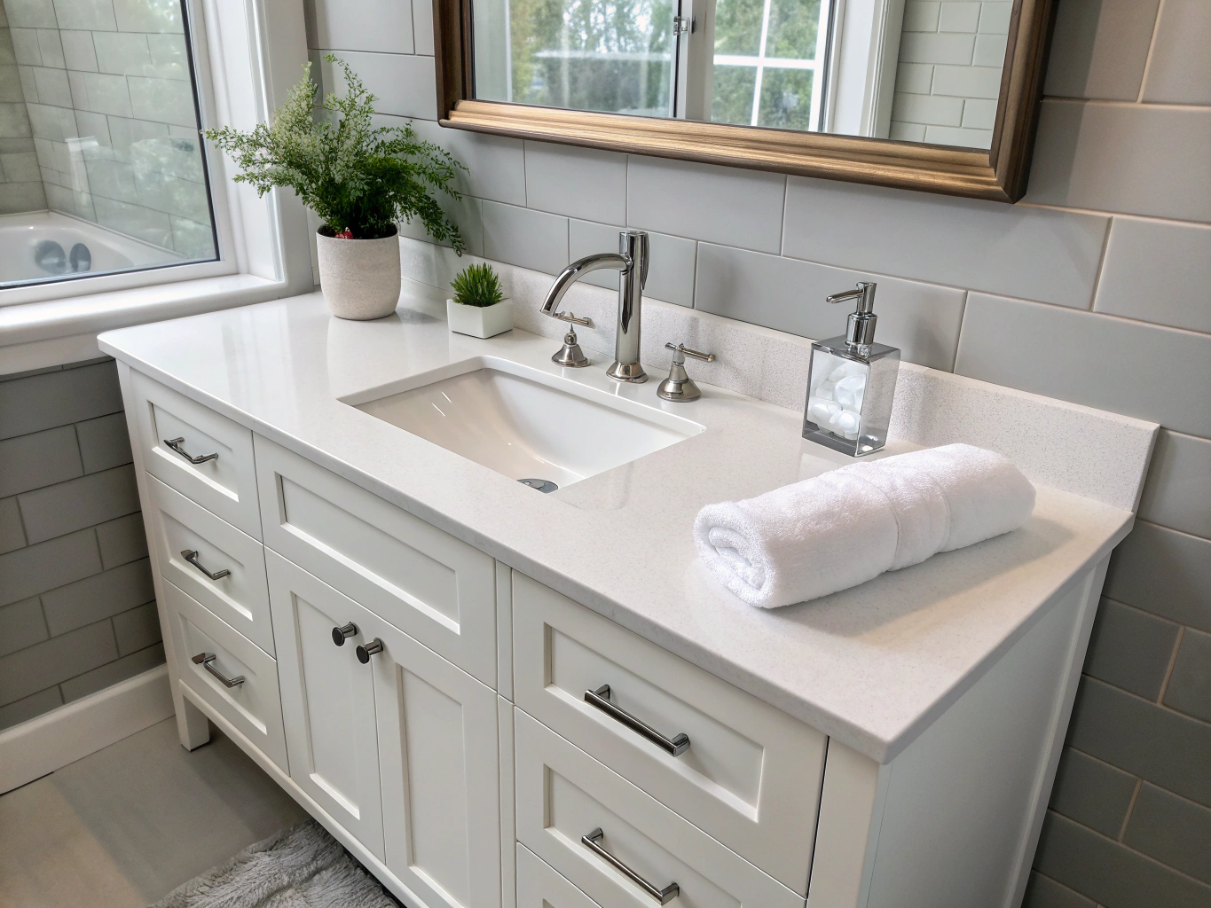 Custom rift-sawn white oak vanity with calacatta quartz countertop and brass hardware