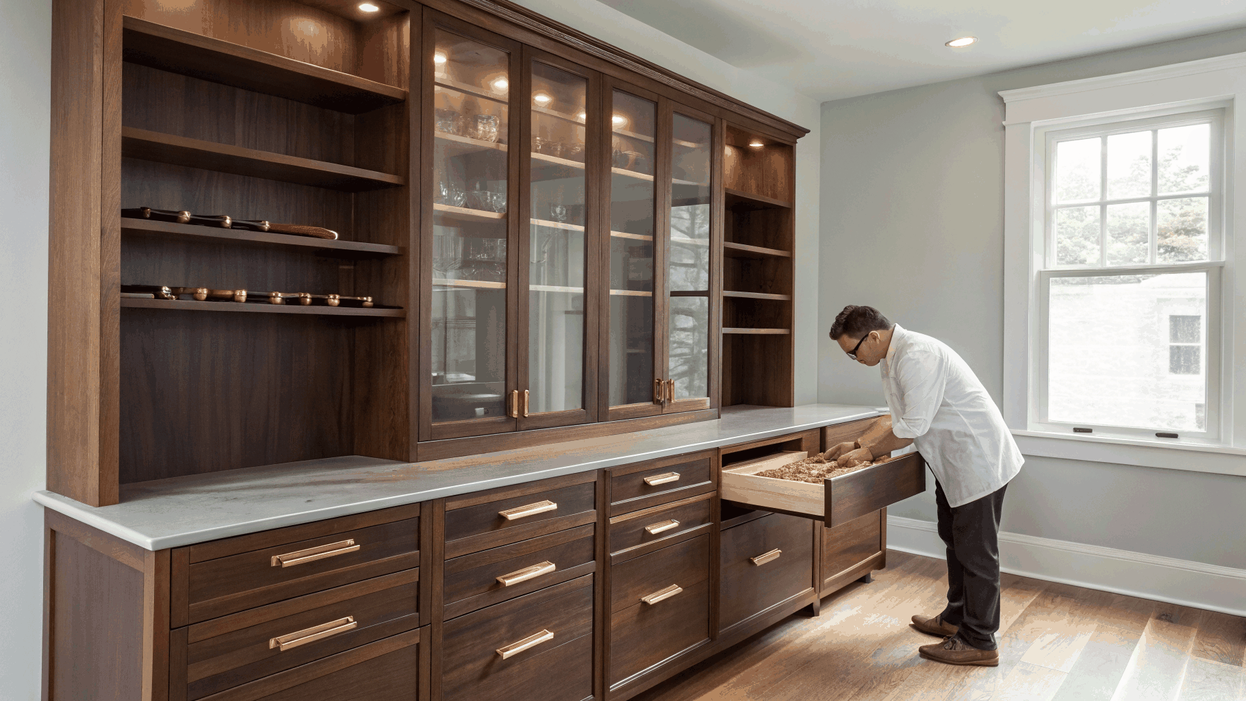 Handcrafted custom shaker cabinets with soft close drawers and brass hardware
