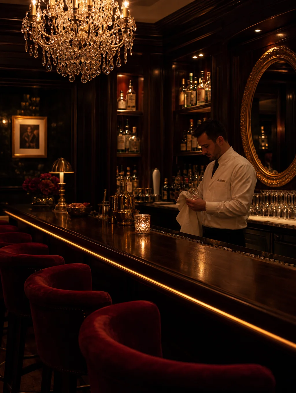 Dark-toned cocktail bar with integrated LED strip illumination