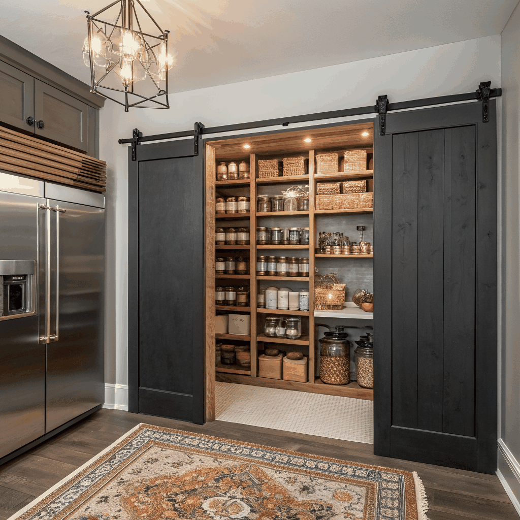 Walk-in scullery pantry featuring reeded glass cabinetry doors