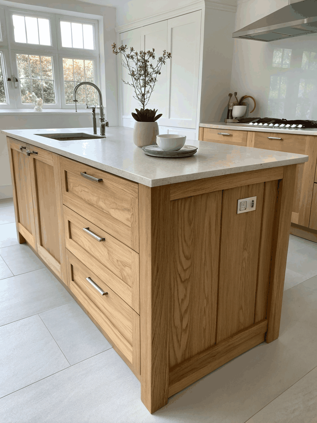 Custom kitchen island with rift white oak cabinetry and honed quartz counters