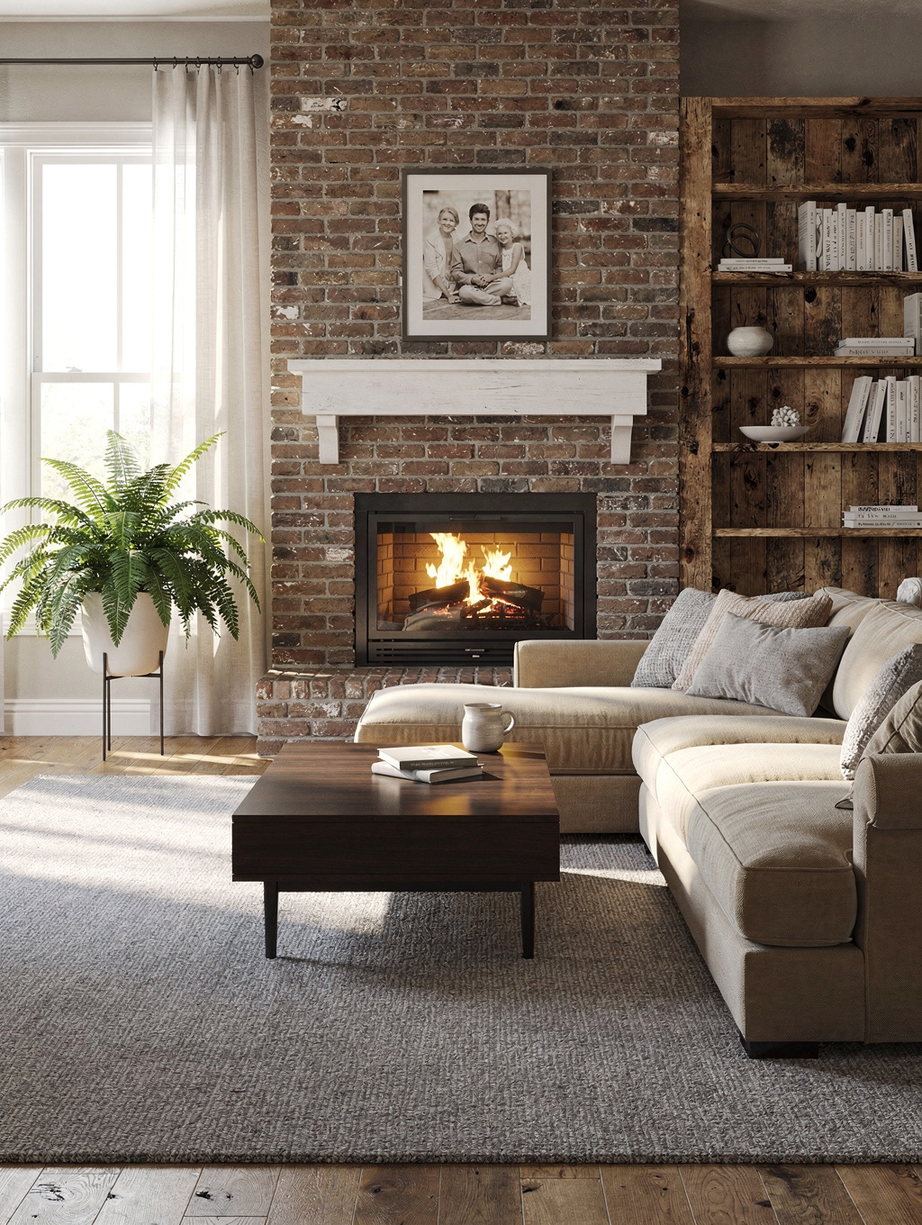 Floor-to-ceiling limewash fireplace with bespoke library shelving