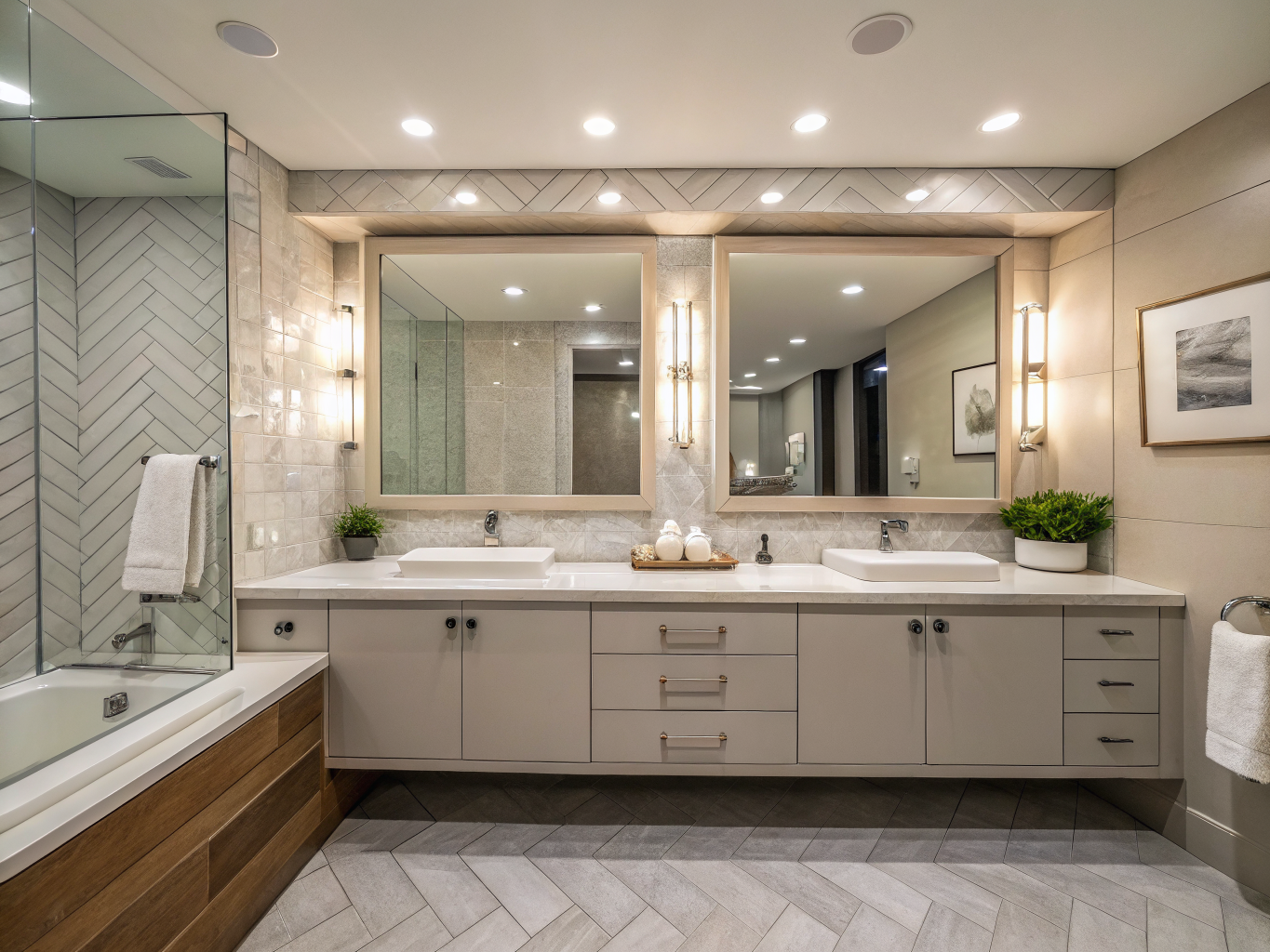 Curated double vanity with brass fixtures and fluted timber accents