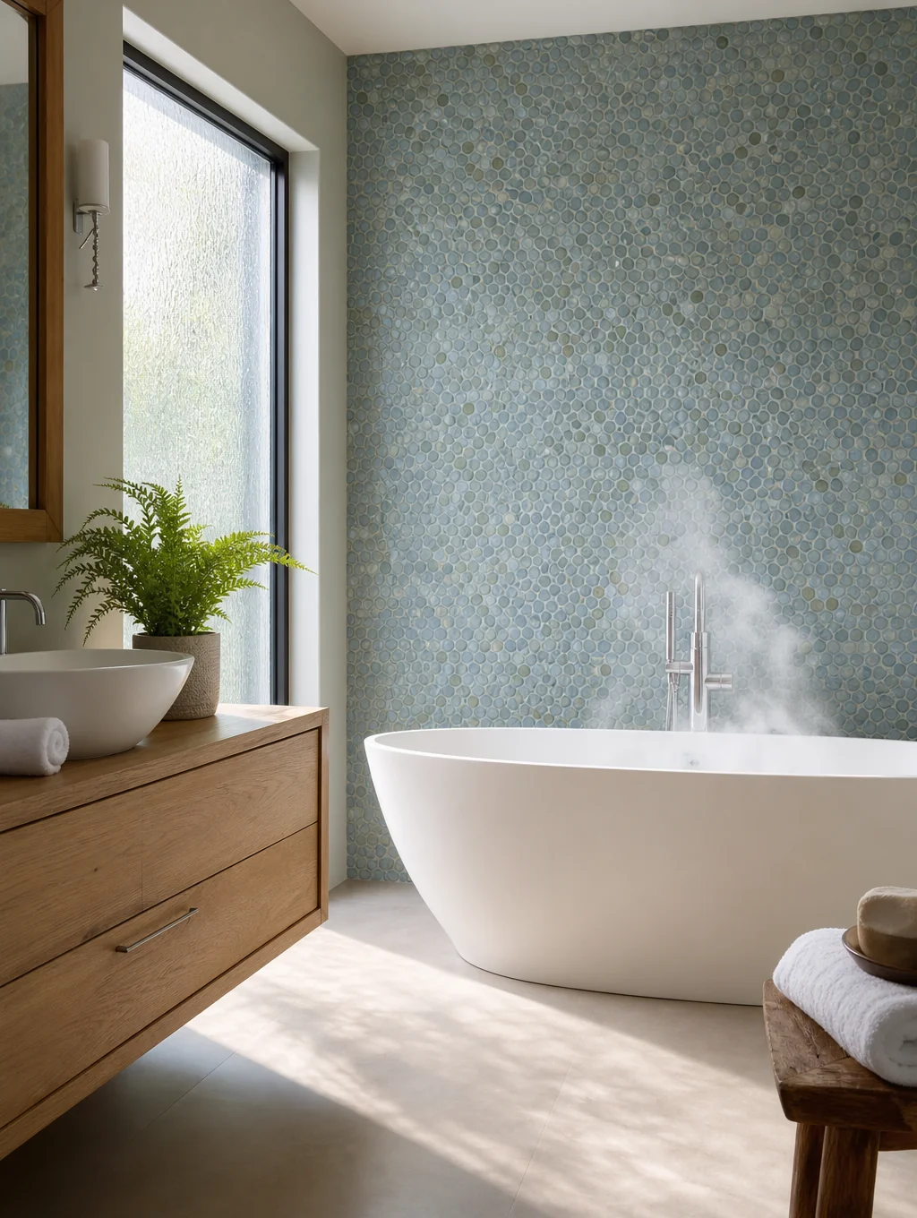 Open wet room concept with zellige tiles and integrated bench