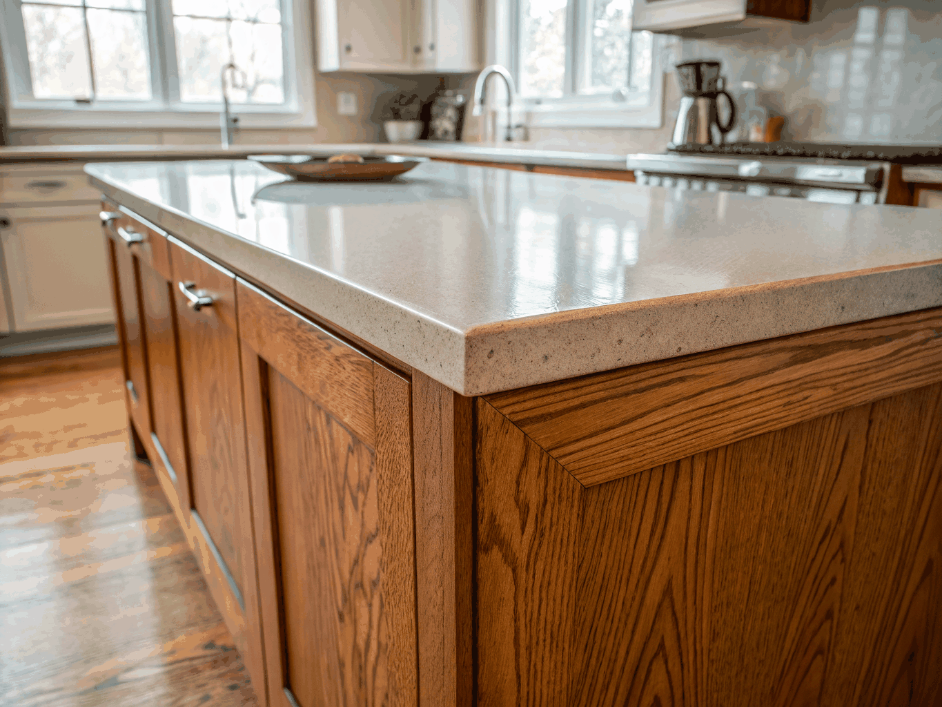 Custom kitchen island with white oak fluting and calacatta marble