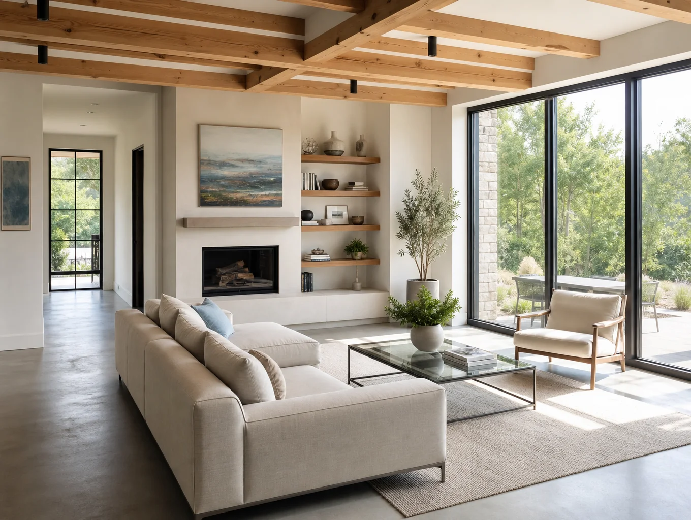 Open concept architectural living addition with exposed timber beams and natural light