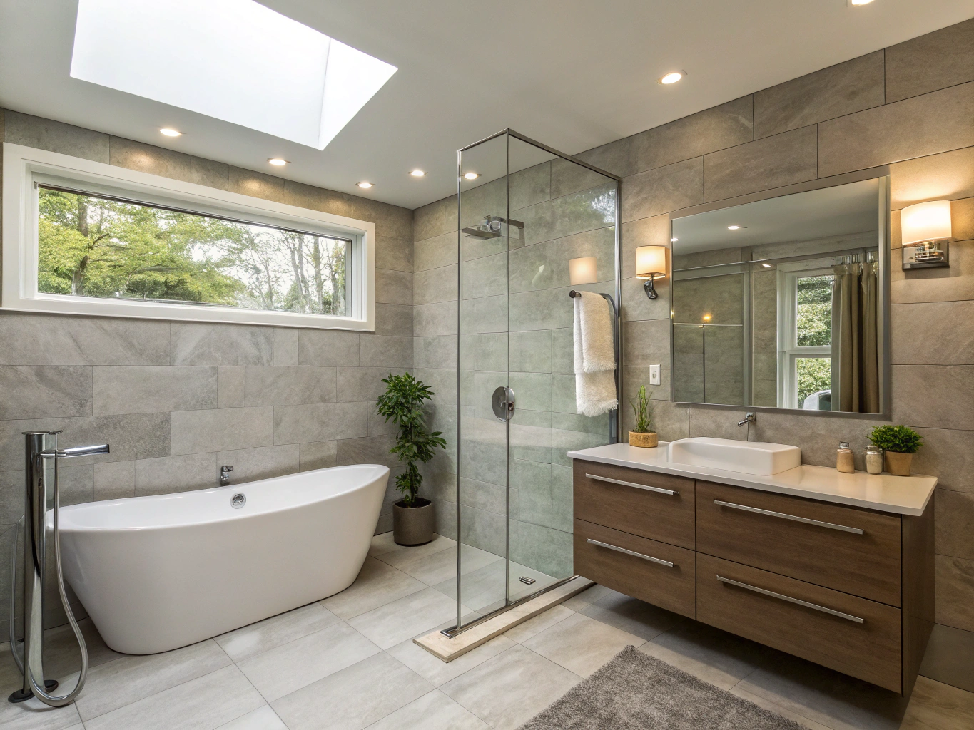 Spa inspired master bathroom with unlacquered brass hardware and fluted glass shower