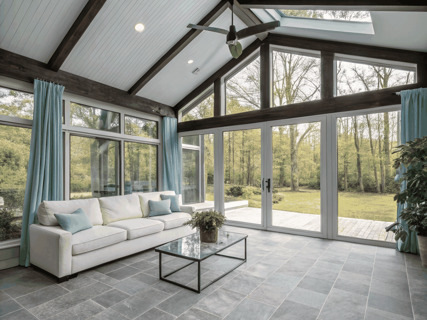 Architectural home addition with vaulted ceiling and panoramic windows