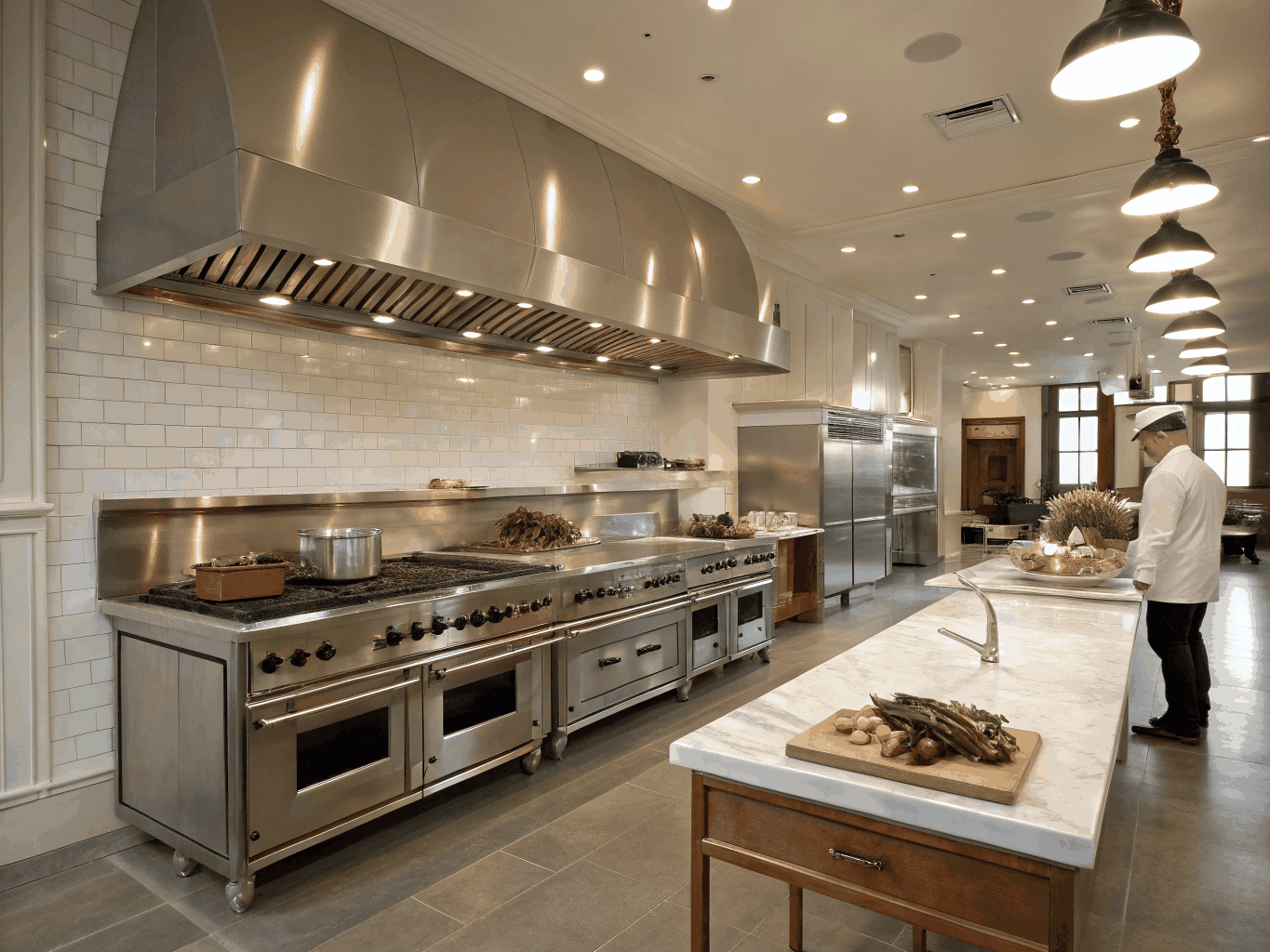 Chef-grade kitchen with double wall ovens and glass pantry door