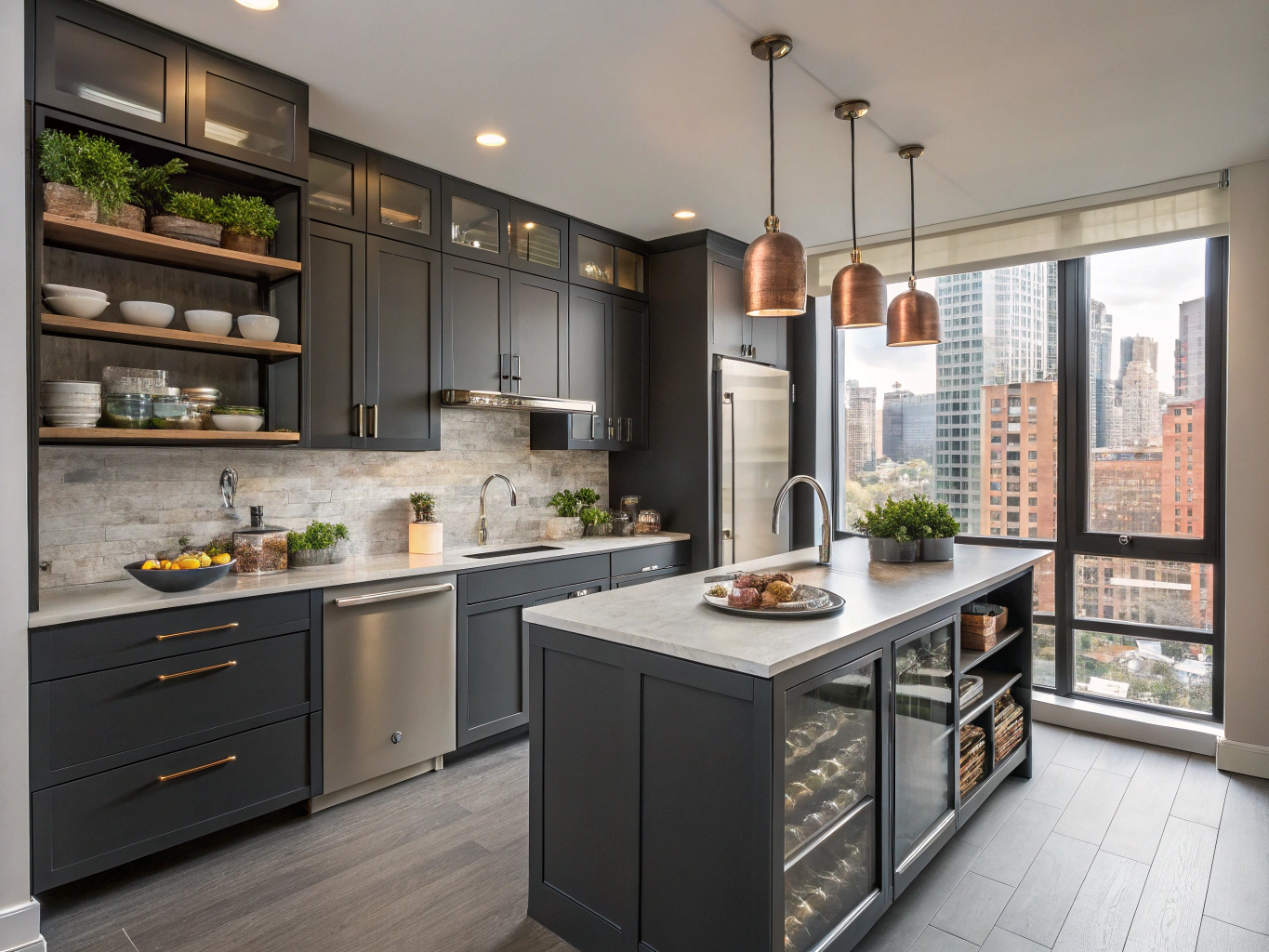 Architectural galley kitchen with quartzite counters and hidden storage