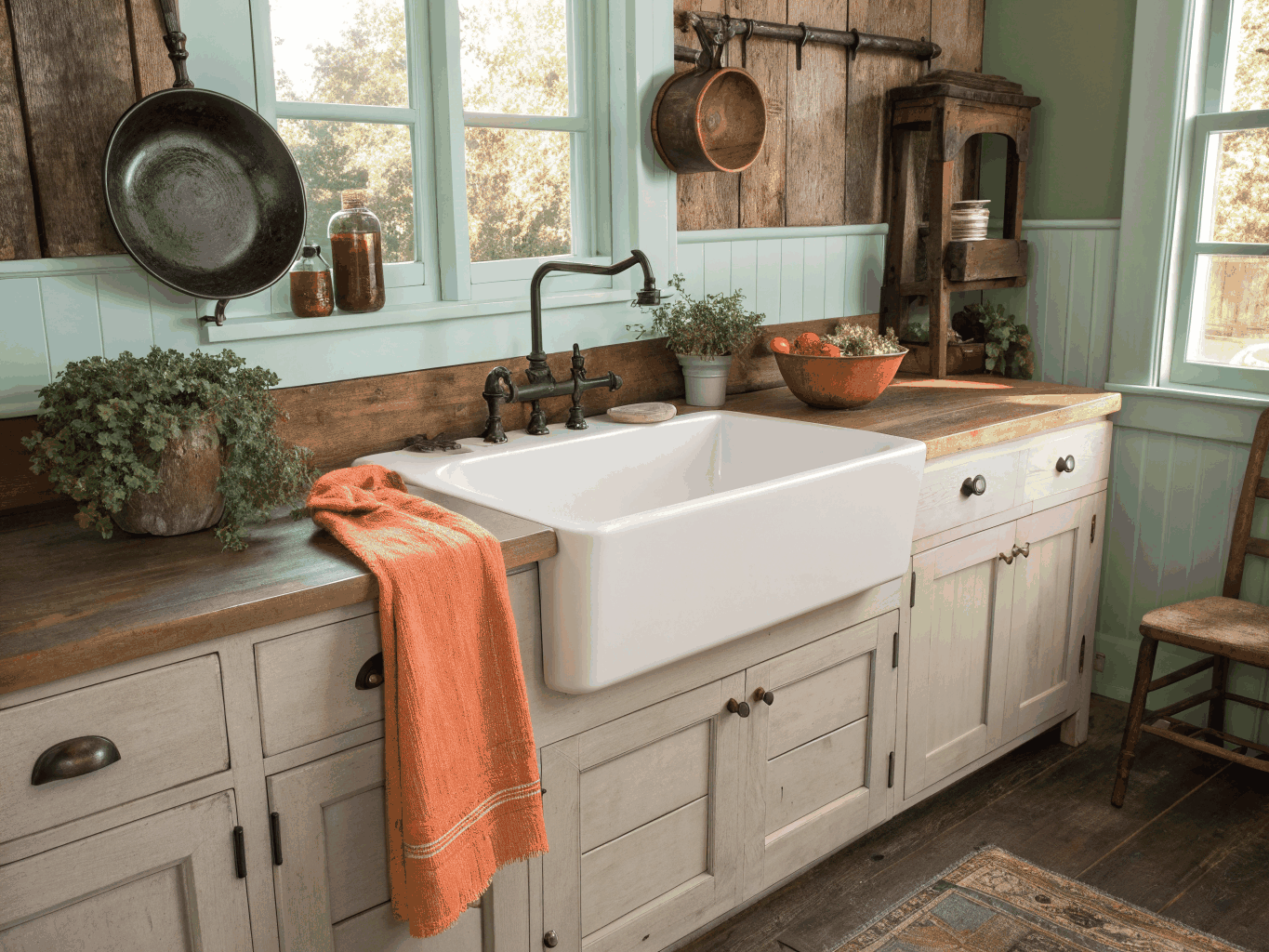 Modern farmhouse kitchen featuring apron sink and open timber shelves