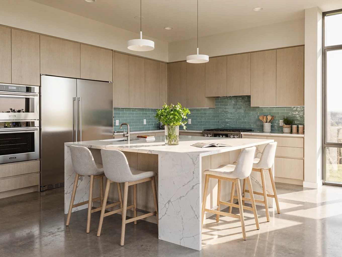 Open-concept transitional kitchen with exposed ceiling beams and island seating