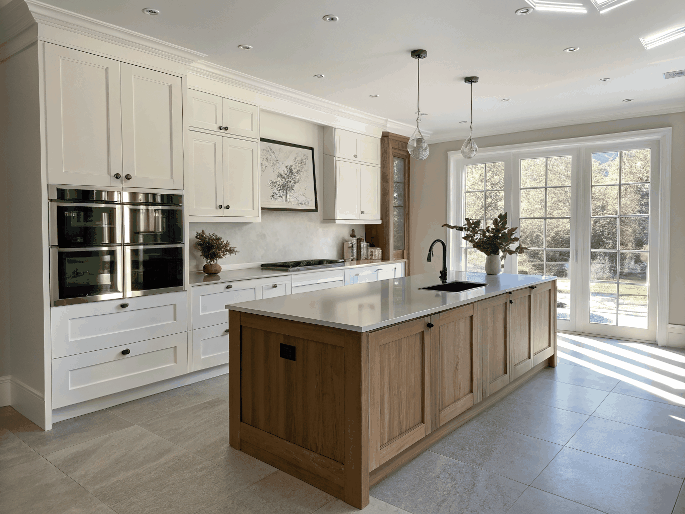 Bright white oak kitchen with waterfall marble island and brass pendants