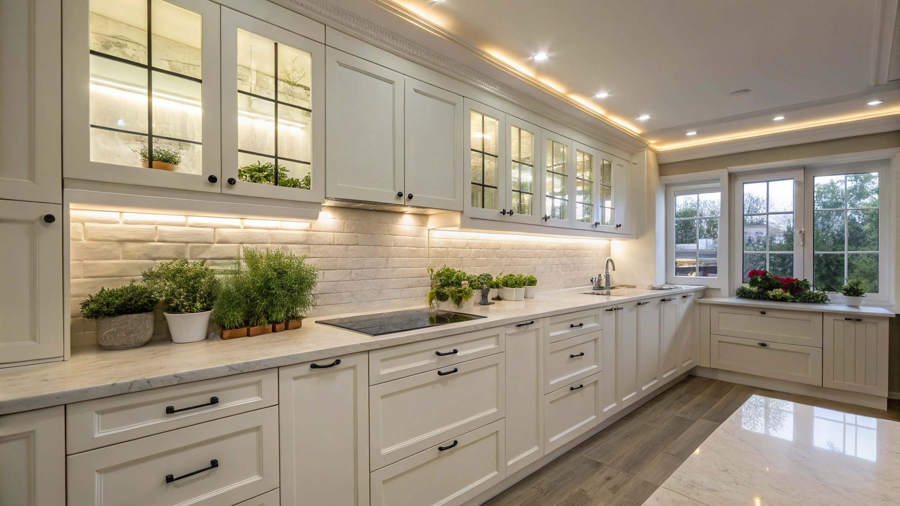 Layered kitchen lighting with ambient under cabinet LED channels and brass pendants