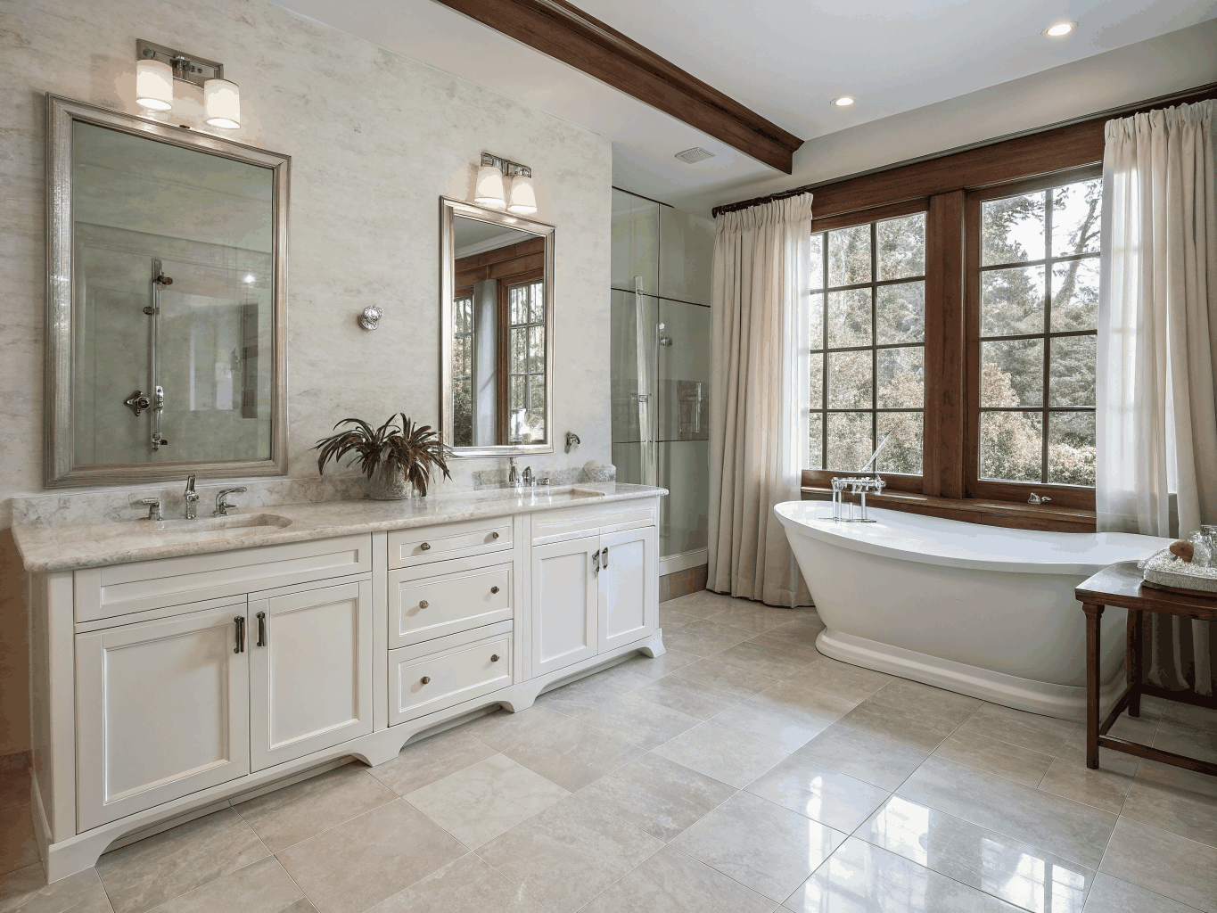 Luxurious master bathroom suite with freestanding tub and glass shower enclosure