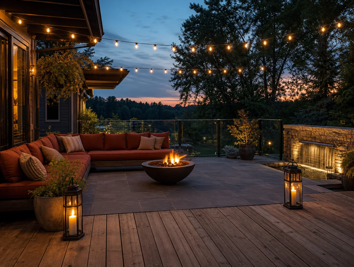 Covered outdoor living porch with stone fireplace and cedar rafters