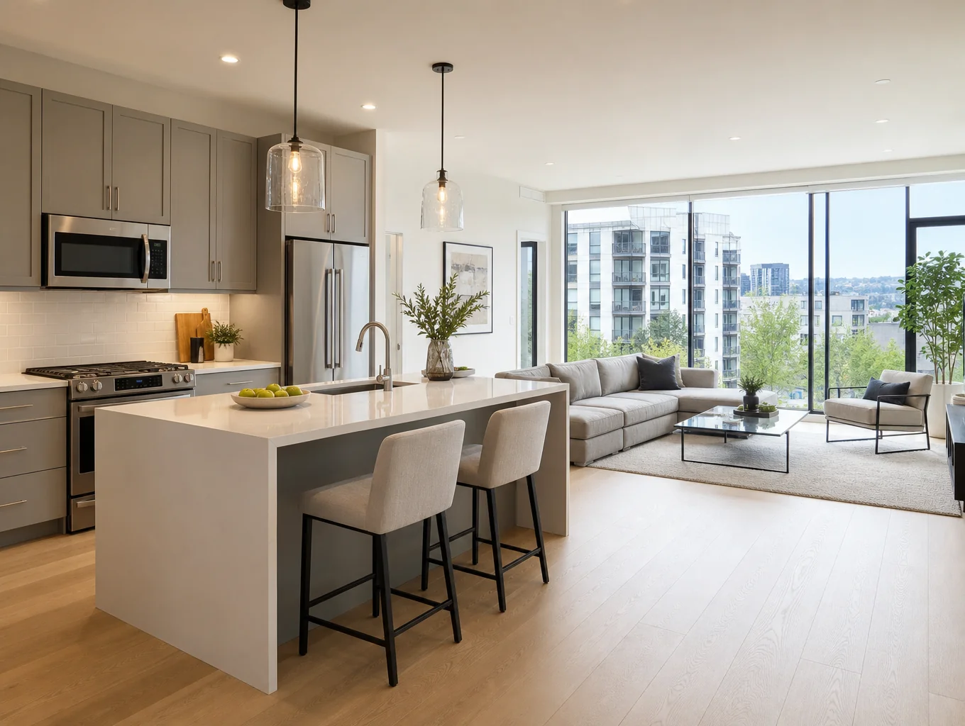 Completed kitchen and living room remodel by Juniper and Forge