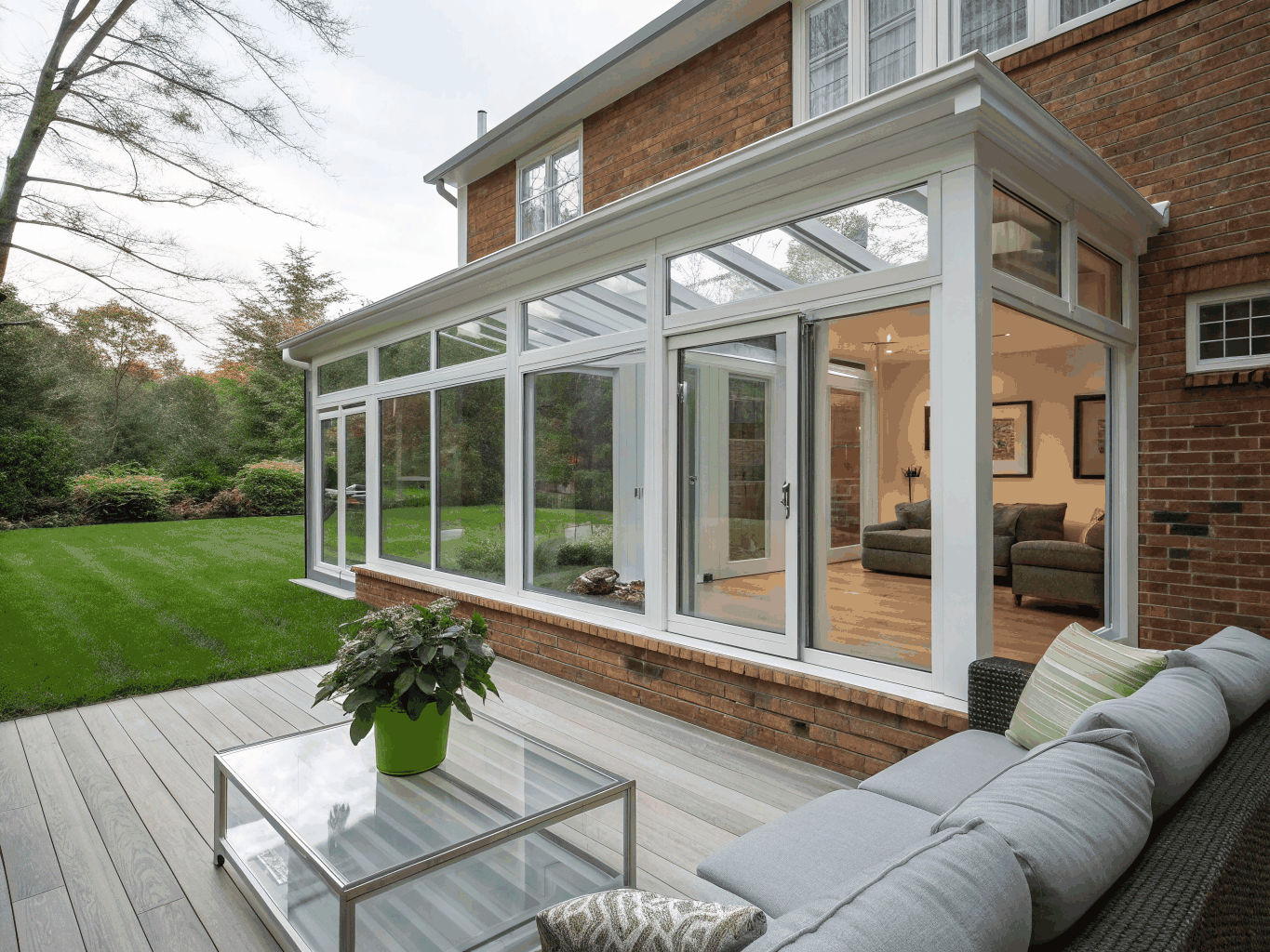 Custom timber frame screened porch with high vaulted ceiling and natural lighting