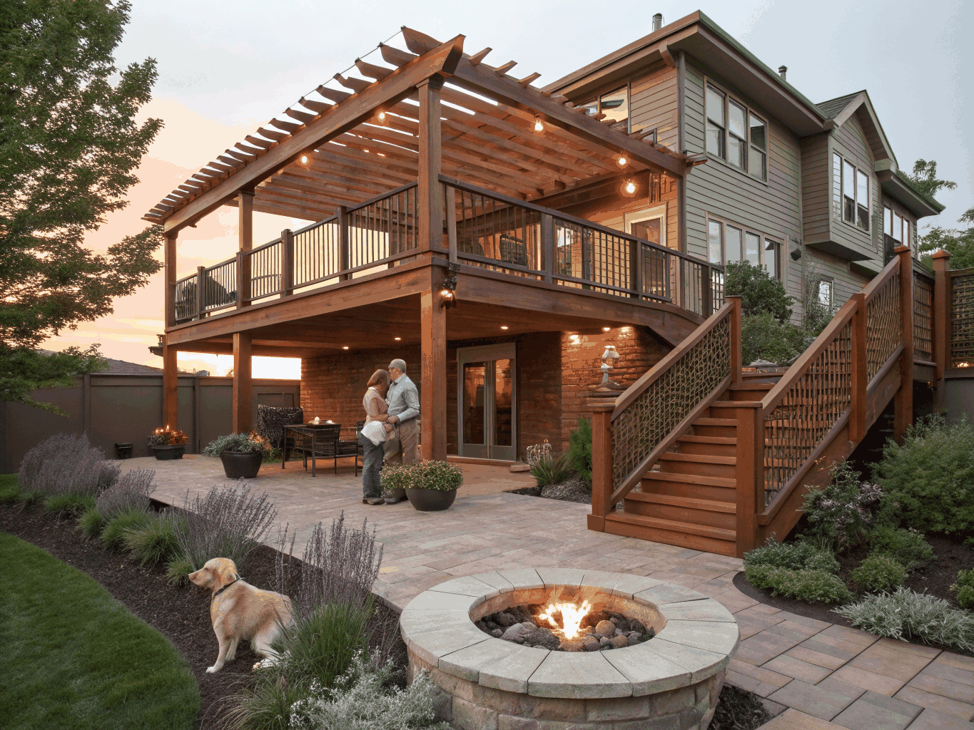 Elevated composite deck with a pergola and stairs to the yard