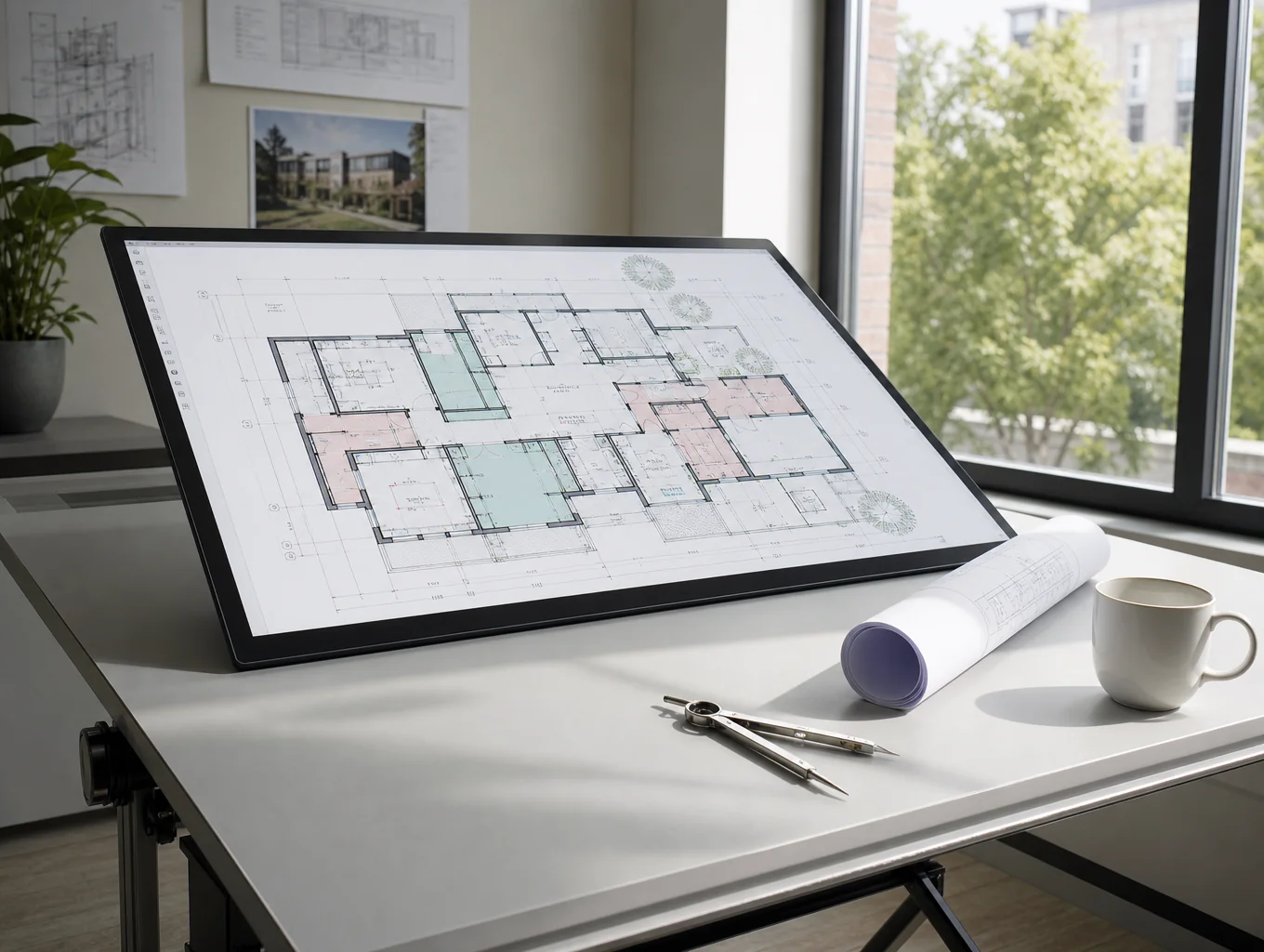 Design-build planning session with drawings and material samples